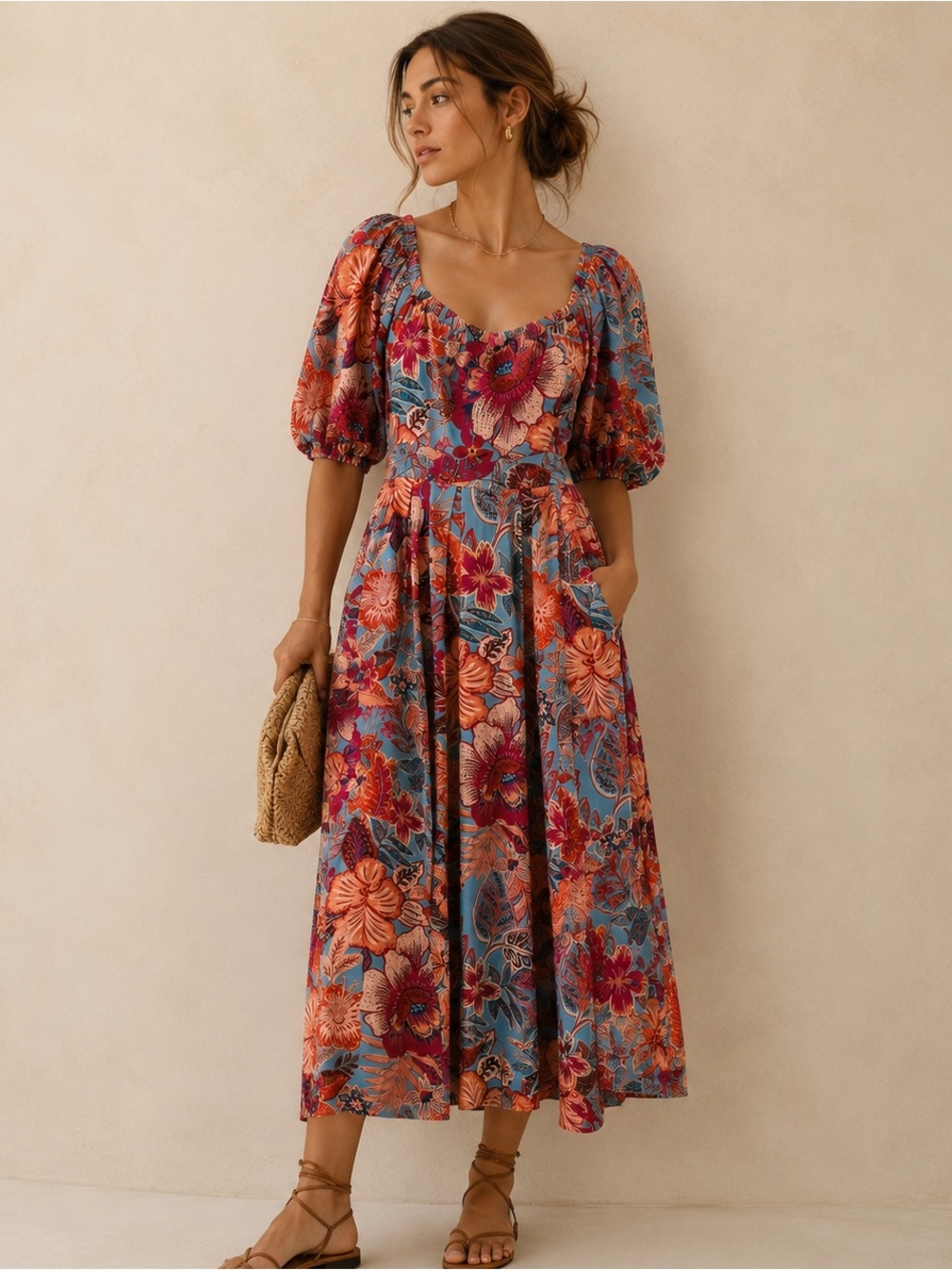 Flying Tomato Blue Floral Midi Dress with Coral and Magenta Blooms
